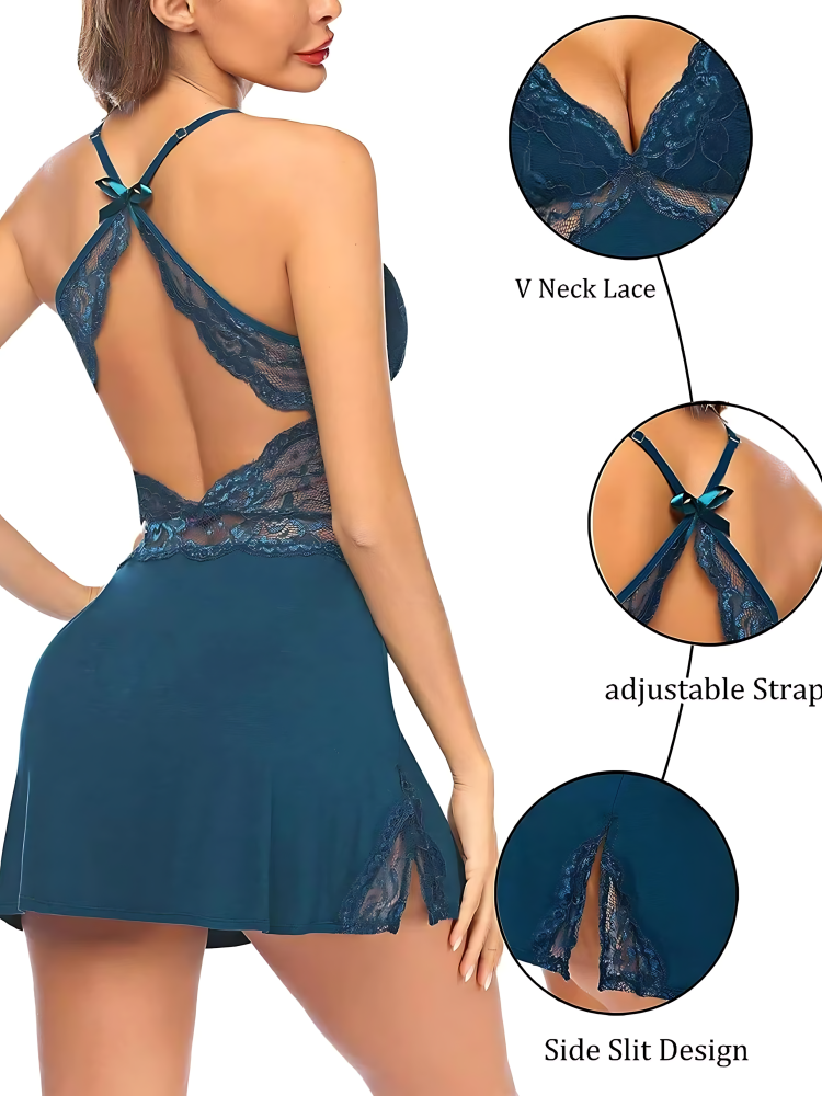 Žensko Donje Rublje, Modalna čipka, Ko&scaron;ulja S Bočnim Prorezom, Spavaćica, Babydoll, Medvjeđe Rublje, Indigo Zelene Boje_5