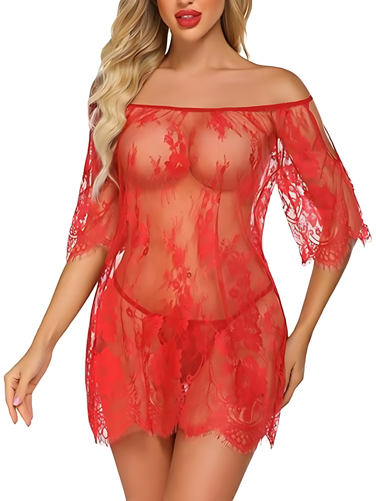 Kadın Seksi Fırfırlı Dantelli Babydoll İ&ccedil; &Ccedil;amaşırı Elbise Kısa Kollu Şeffaf Gecelik Takımı (2 Par&ccedil;a, Tanga Dahil) Kırmızı_4